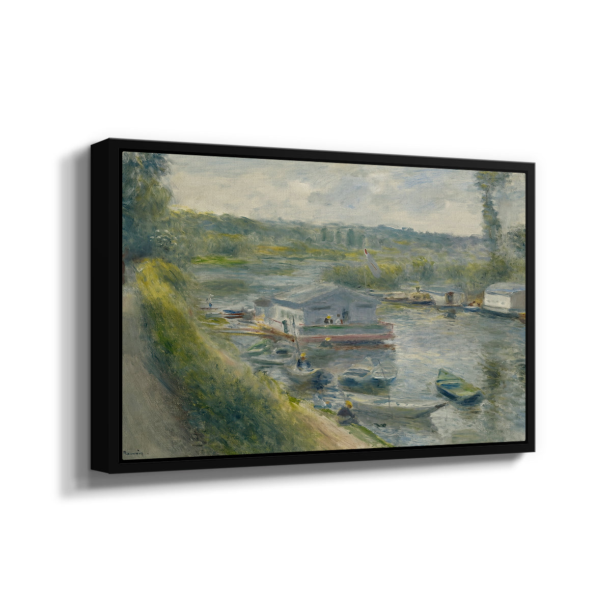 Angled view of Wash-House Boat at Bas-Meudon, c. 1874 by Pierre-Auguste Renoir in a black floater framed canvas.