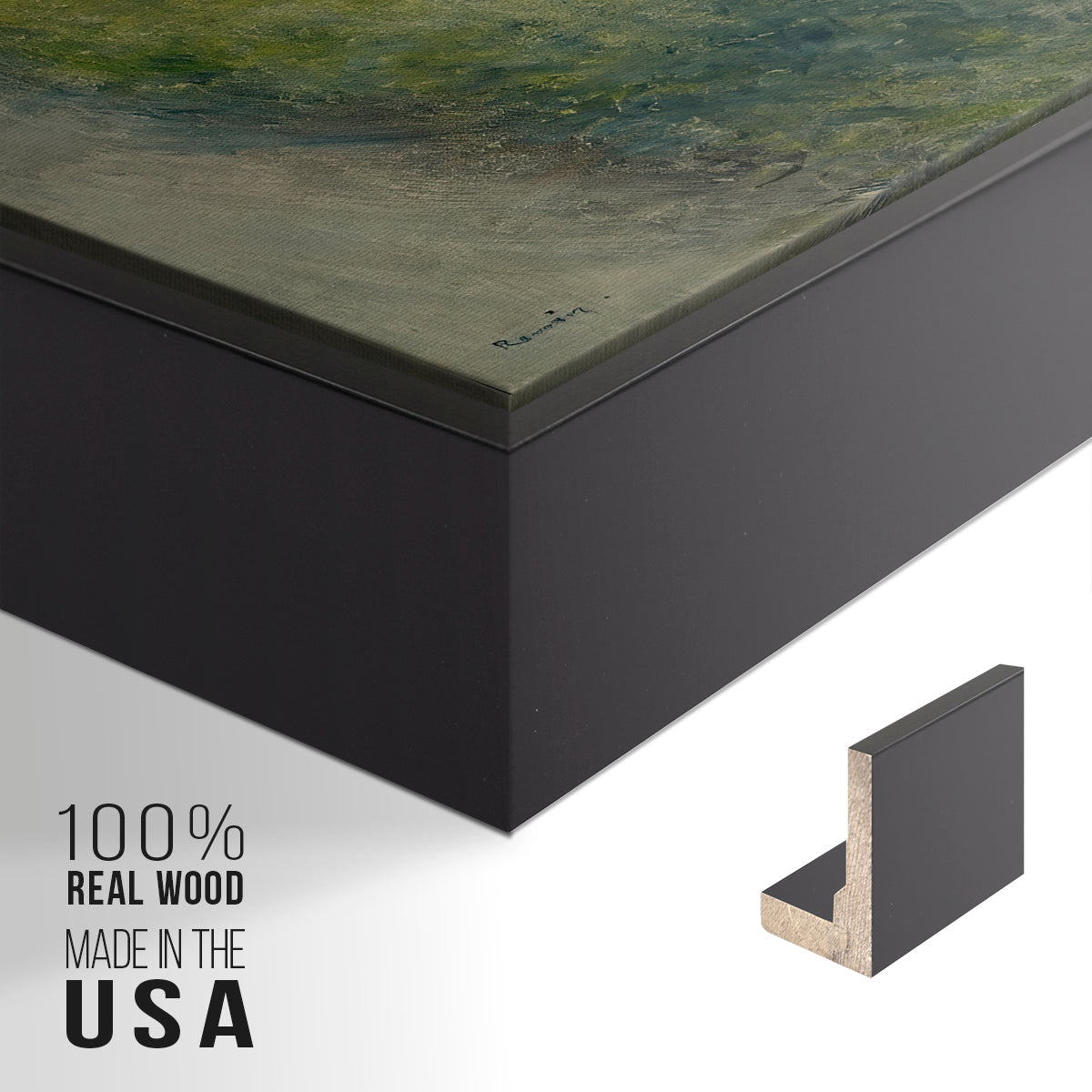 Close-up of the black floater frame corner and gallery wrapped canvas construction.
