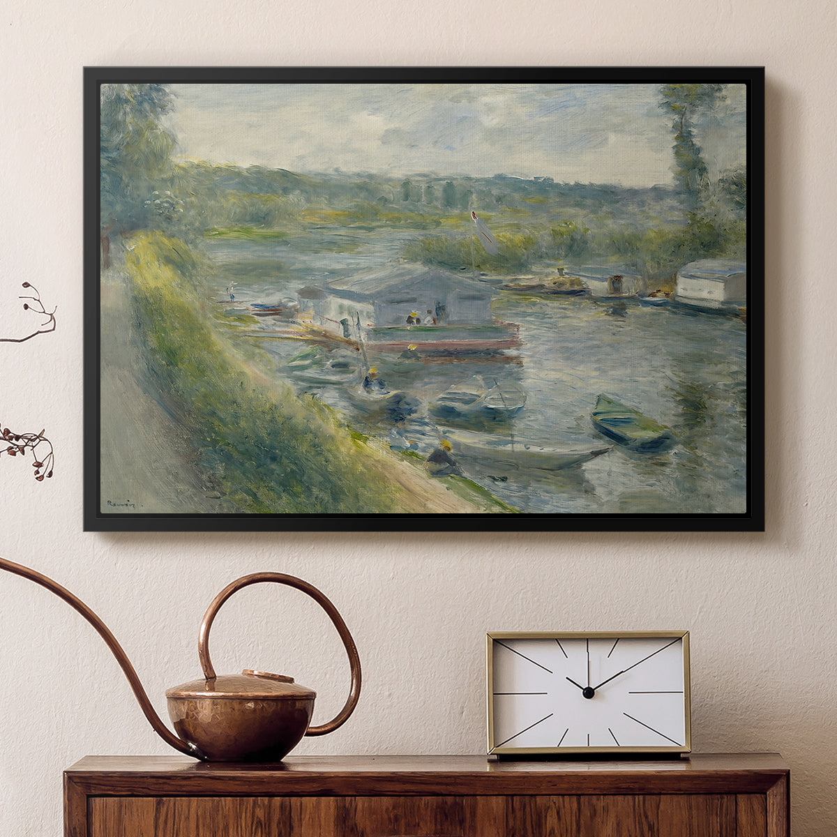 Black floater framed canvas featuring an impressionist depiction of working boat along calm waterway, displayed above a cabinet in a soft-toned living room.