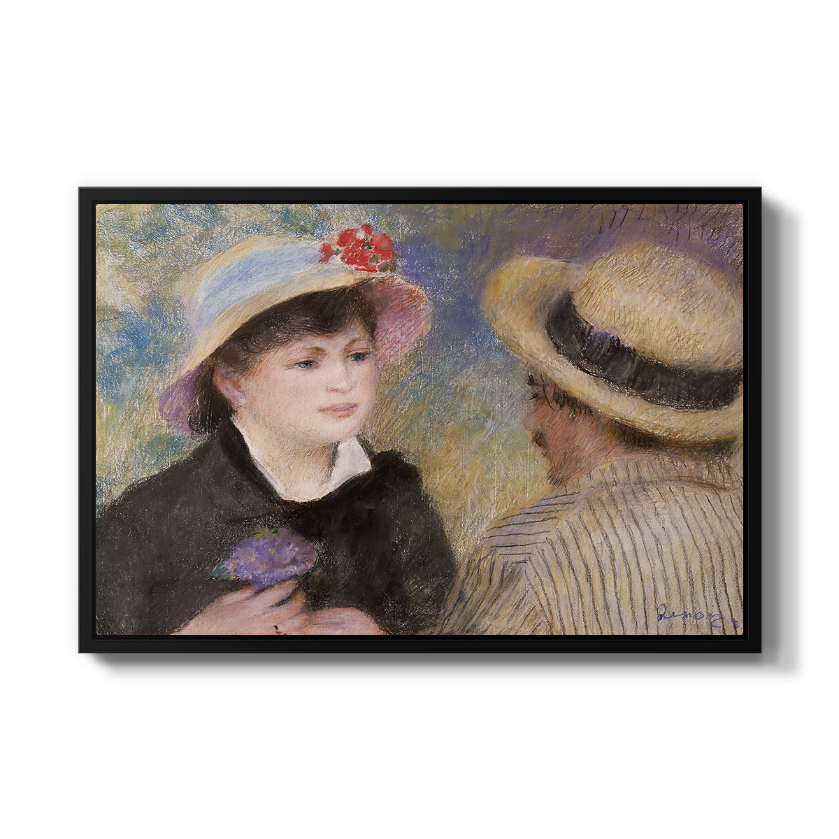 Boating Couple (Aline Charigot and Renoir), c. 1881 by Pierre-Auguste Renoir in a black floater framed canvas wall art display.