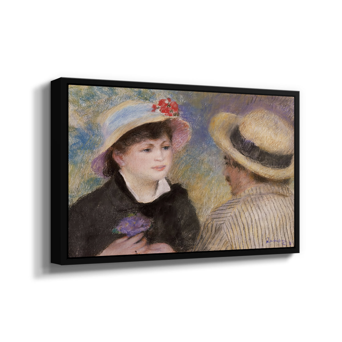 Angled view of Boating Couple (Aline Charigot and Renoir), c. 1881 by Pierre-Auguste Renoir in a black floater framed canvas.