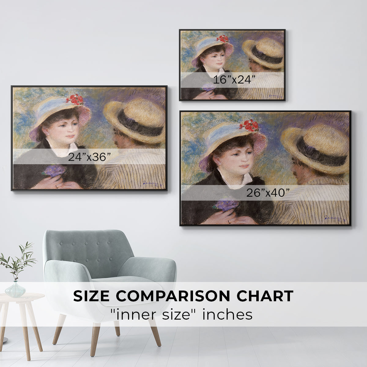Size comparison chart for black floater framed canvas featuring Boating Couple (Aline Charigot and Renoir), c. 1881 by Pierre-Auguste Renoir.