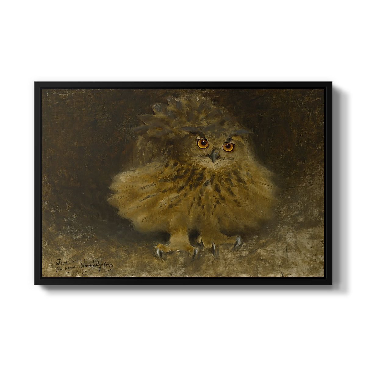 An Eagle Owl (Berguv), 1905 by Bruno Liljefors in a black floater framed canvas wall art display.