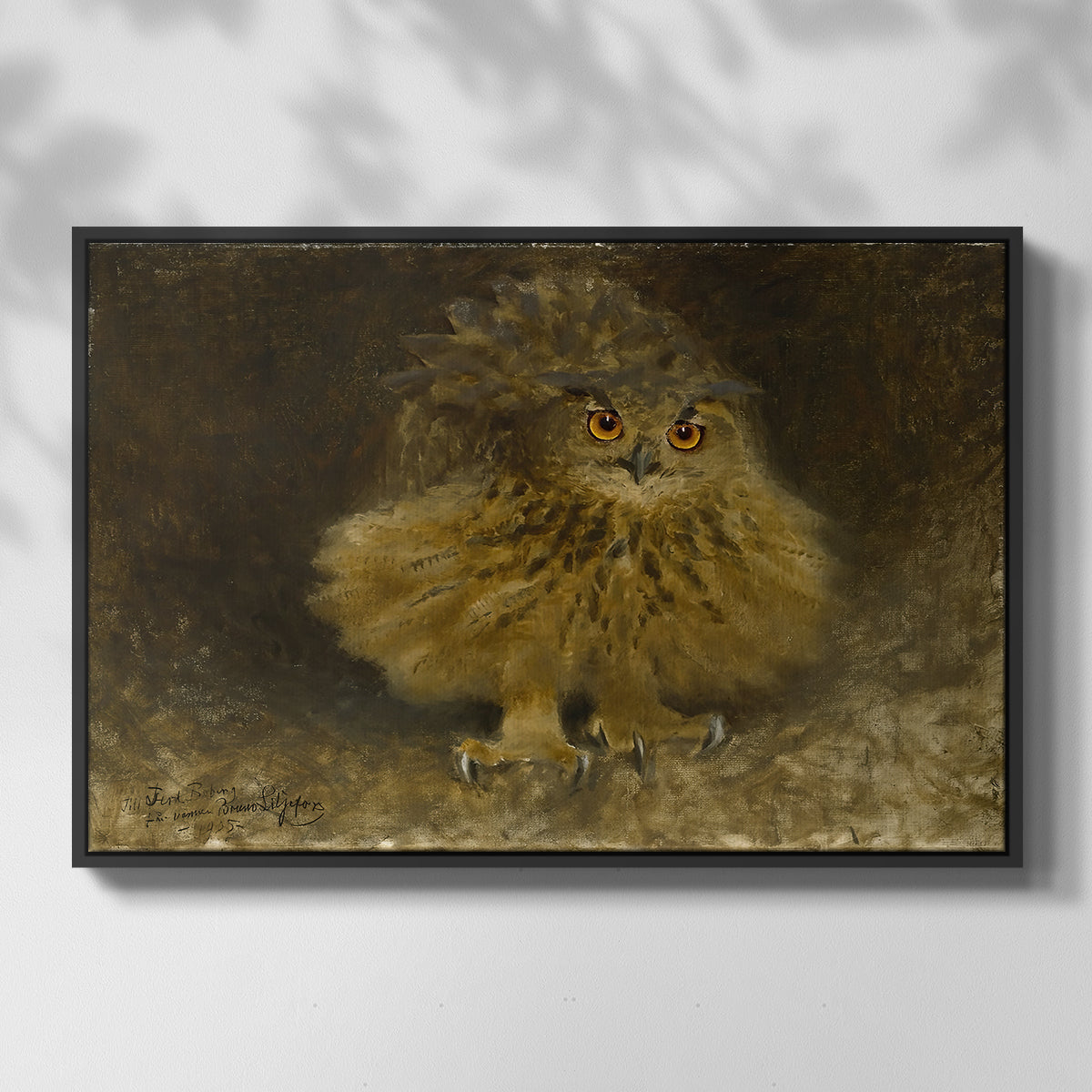 Front view of An Eagle Owl (Berguv), 1905 by Bruno Liljefors in a black floater framed canvas.