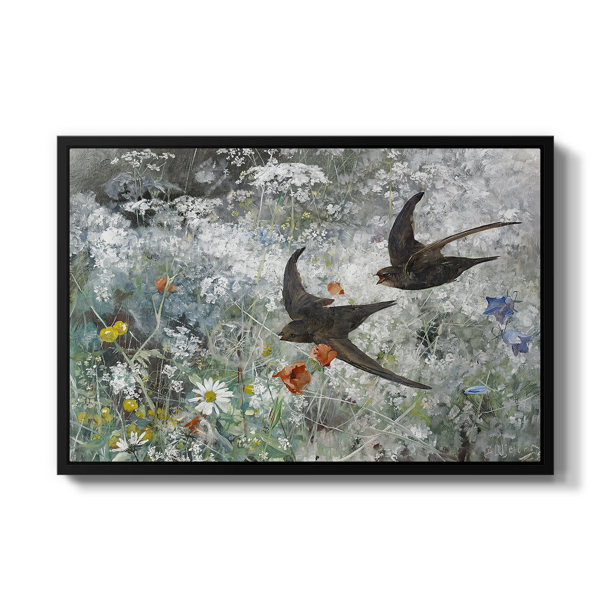 Common Swifts, 1886 by Bruno Liljefors in a black floater framed canvas wall art display.