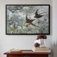 Black floater framed canvas featuring Common Swifts, 1886 by Bruno Liljefors above an entryway table in a minimalist foyer.
