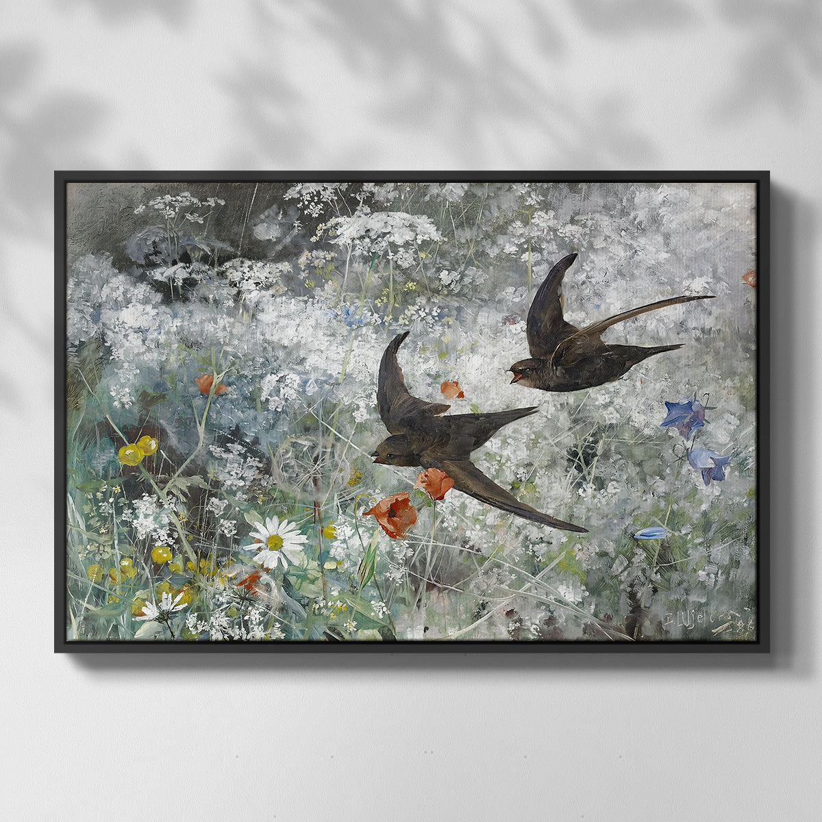 Front view of Common Swifts, 1886 by Bruno Liljefors in a black floater framed canvas.