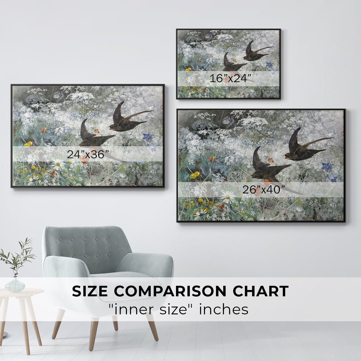 Size comparison chart for black floater framed canvas featuring Common Swifts, 1886 by Bruno Liljefors.