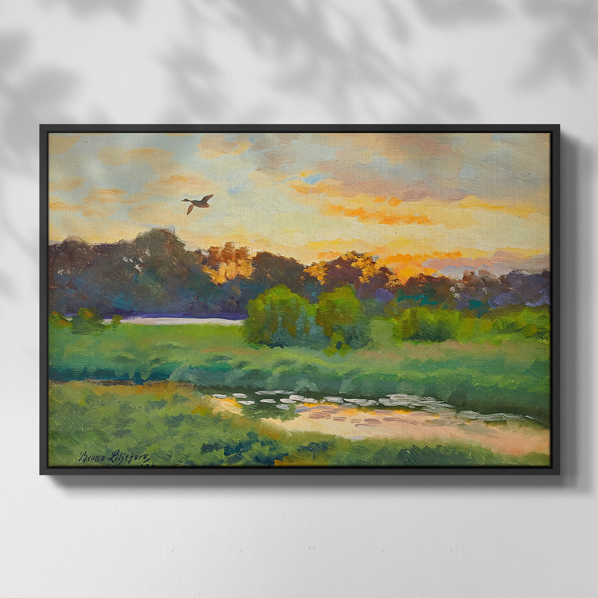 Front view of Flying Duck at Sunset, 1924 by Bruno Liljefors in a black floater framed canvas.