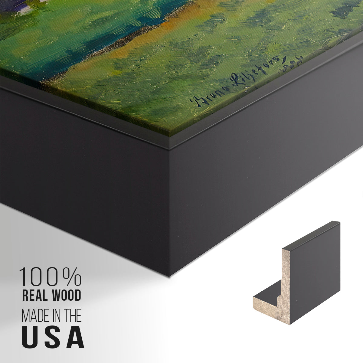 Close-up of the black floater frame corner and gallery wrapped canvas construction.