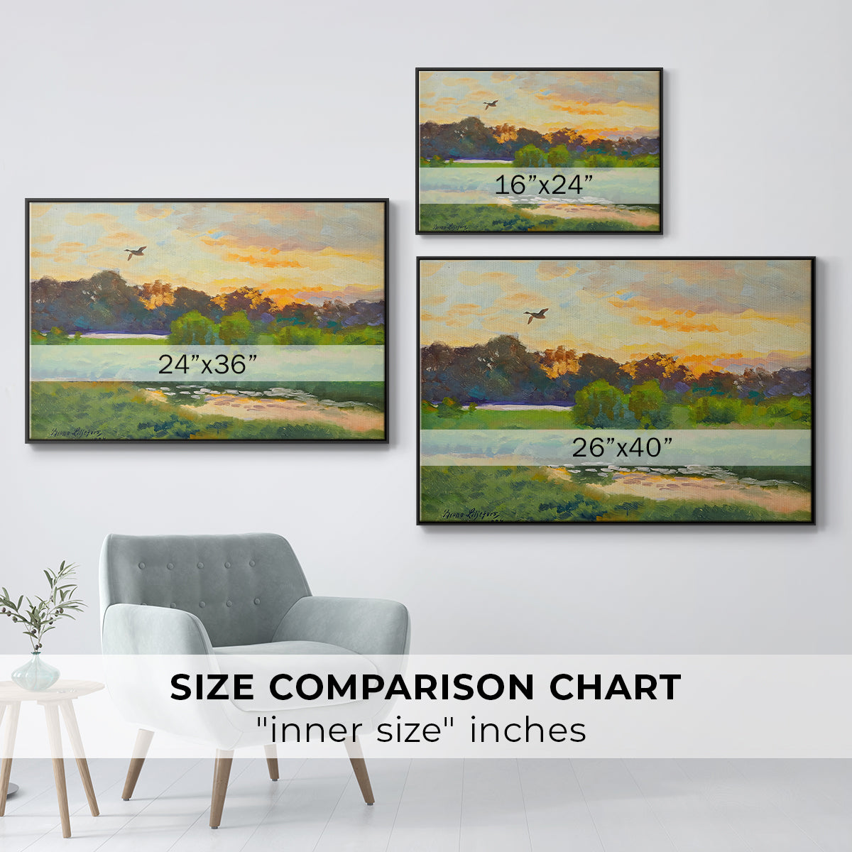 Size comparison chart for black floater framed canvas featuring Flying Duck at Sunset, 1924 by Bruno Liljefors.