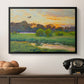 Flying Duck at Sunset, 1924 by Bruno Liljefors in a black floater framed canvas displayed above a console table in a hallway, featuring a lone duck flying over a marsh at golden hour.