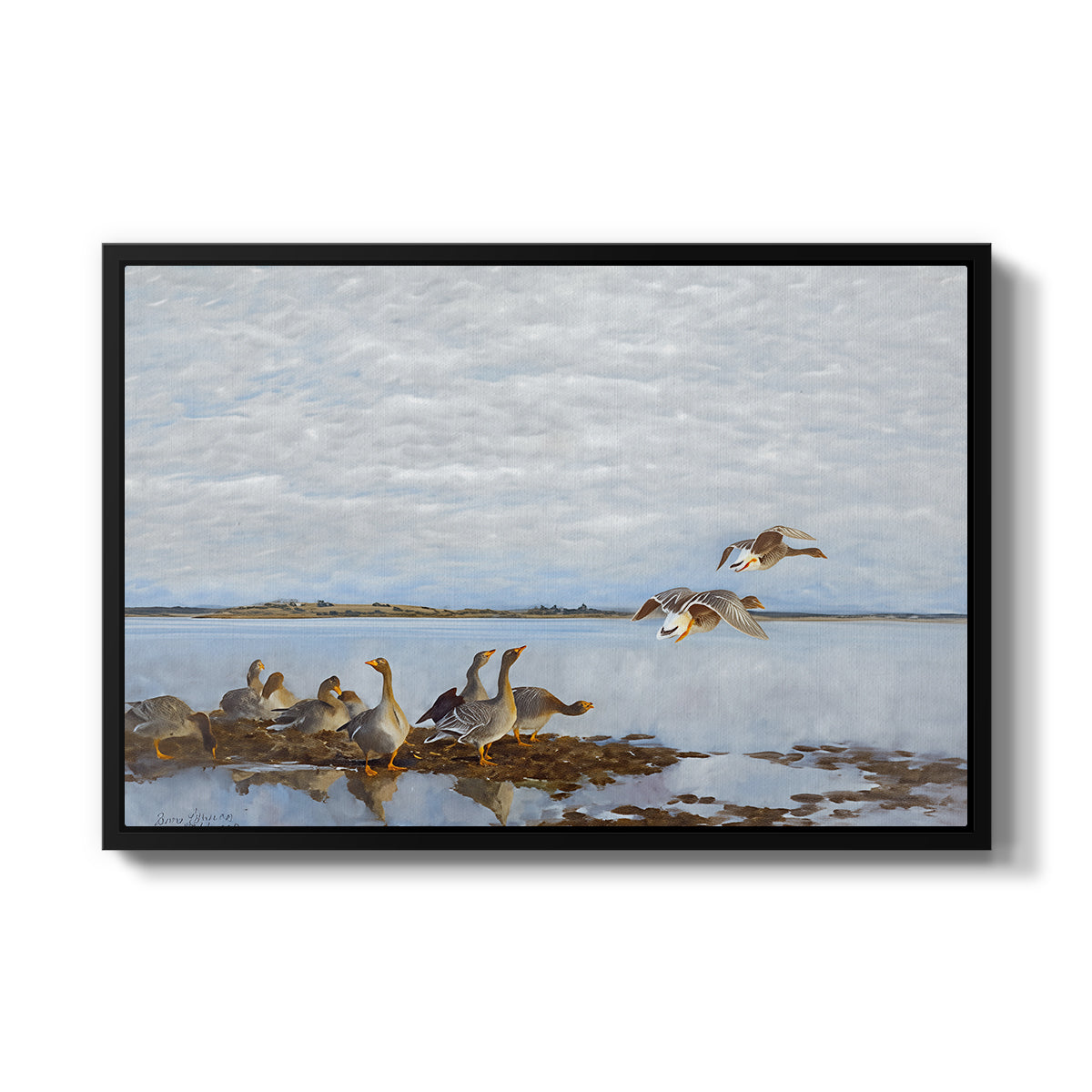 Greylag Geese (Grågäss), 1922 by Bruno Liljefors in a black floater framed canvas wall art display.