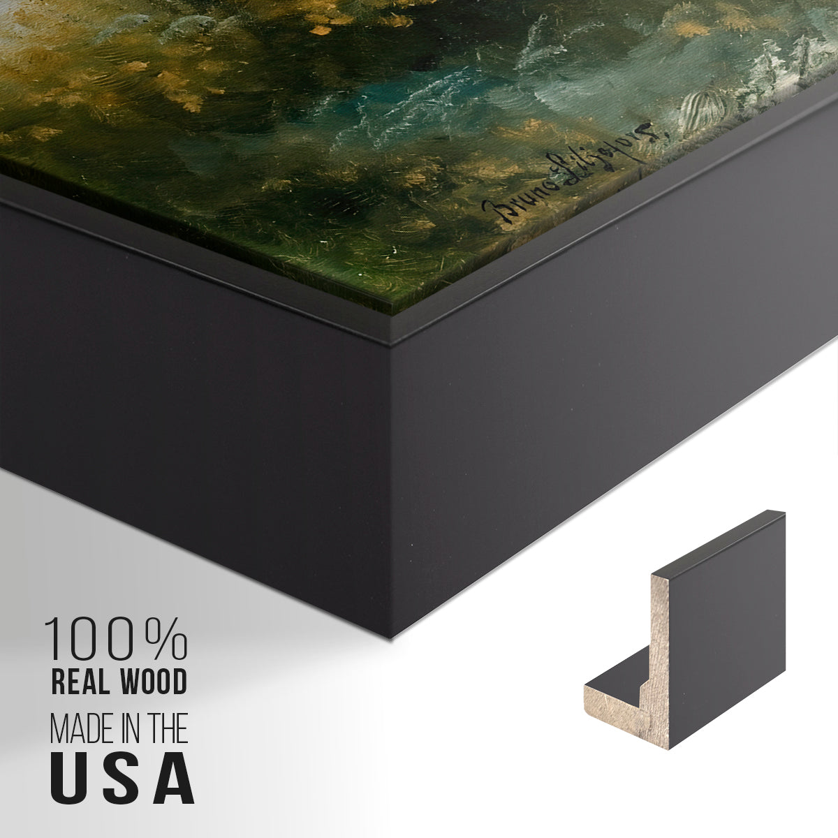 Close-up of the black floater frame corner and gallery wrapped canvas construction.