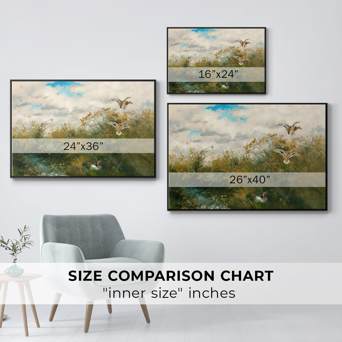 Size comparison chart for black floater framed canvas featuring Wild Ducks (Grasänder), 1890 by Bruno Liljefors.
