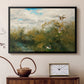 Black floater framed canvas featuring a group of ducks foraging in natural marsh setting, displayed above a cabinet in a soft-toned living room.