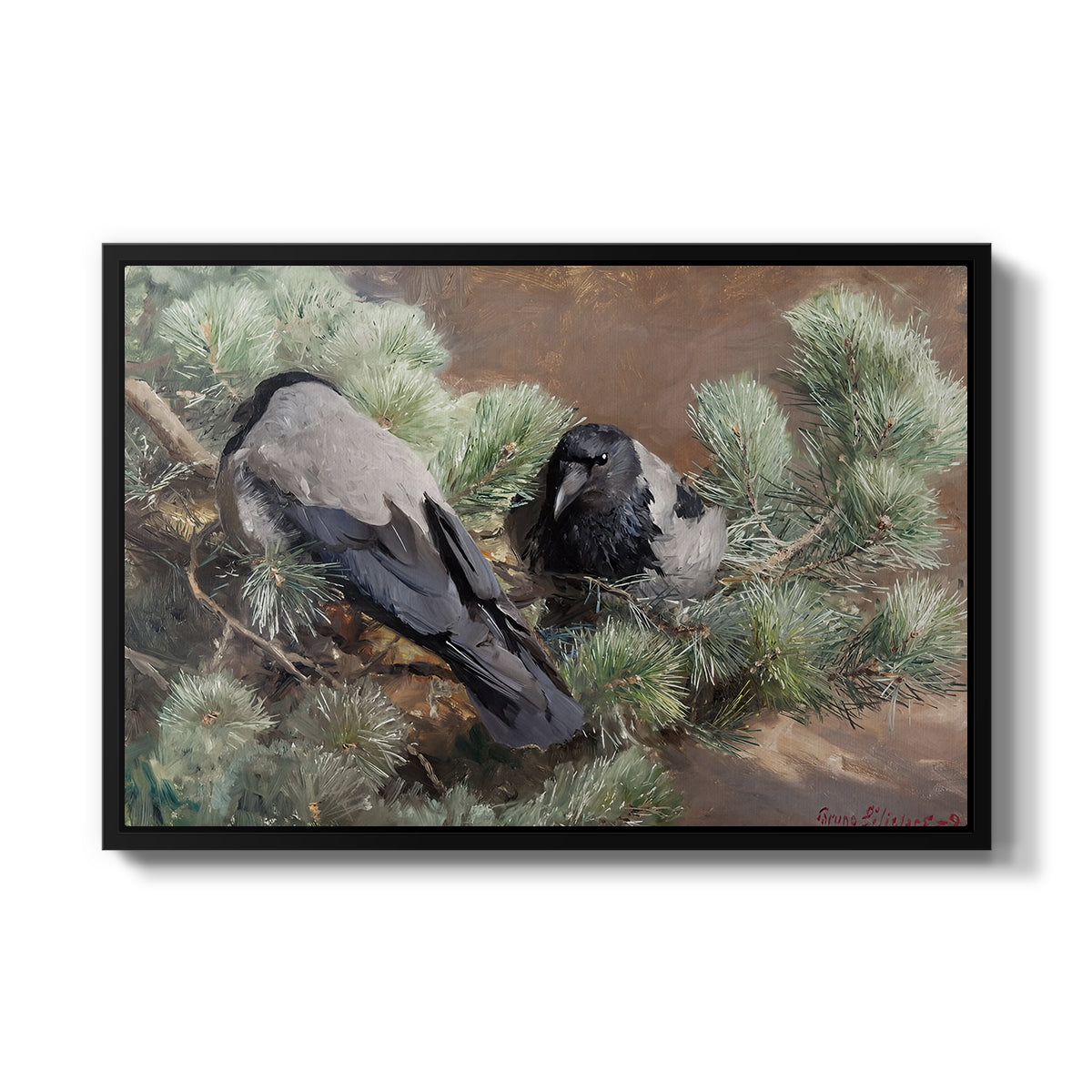 Hooded Crows (Kråkor), 1891 by Bruno Liljefors in a black floater framed canvas wall art display.
