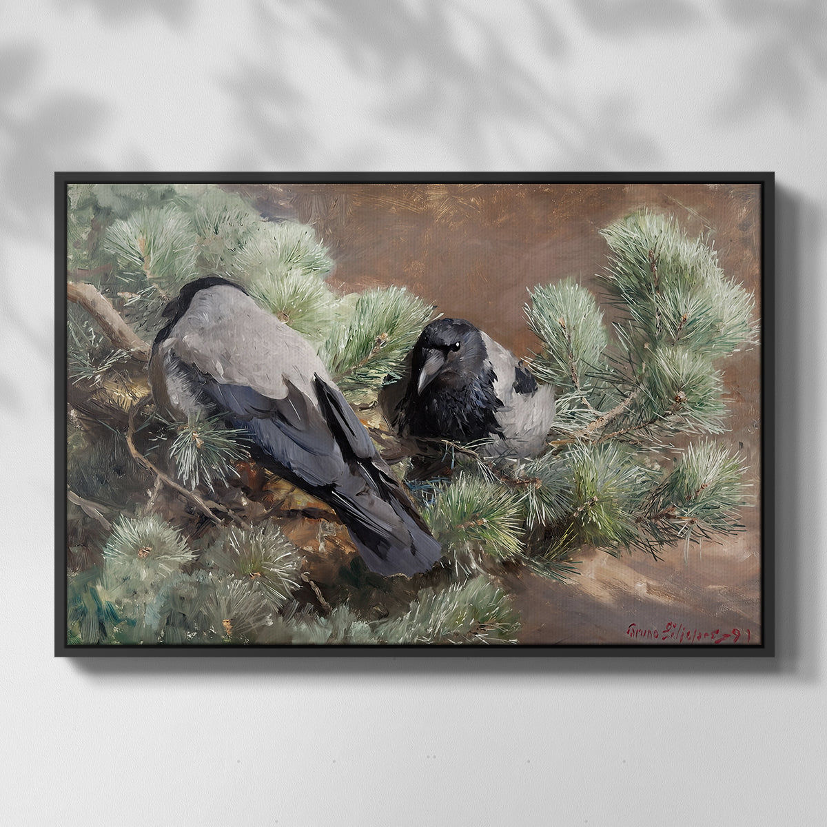 Front view of Hooded Crows (Kråkor), 1891 by Bruno Liljefors in a black floater framed canvas.