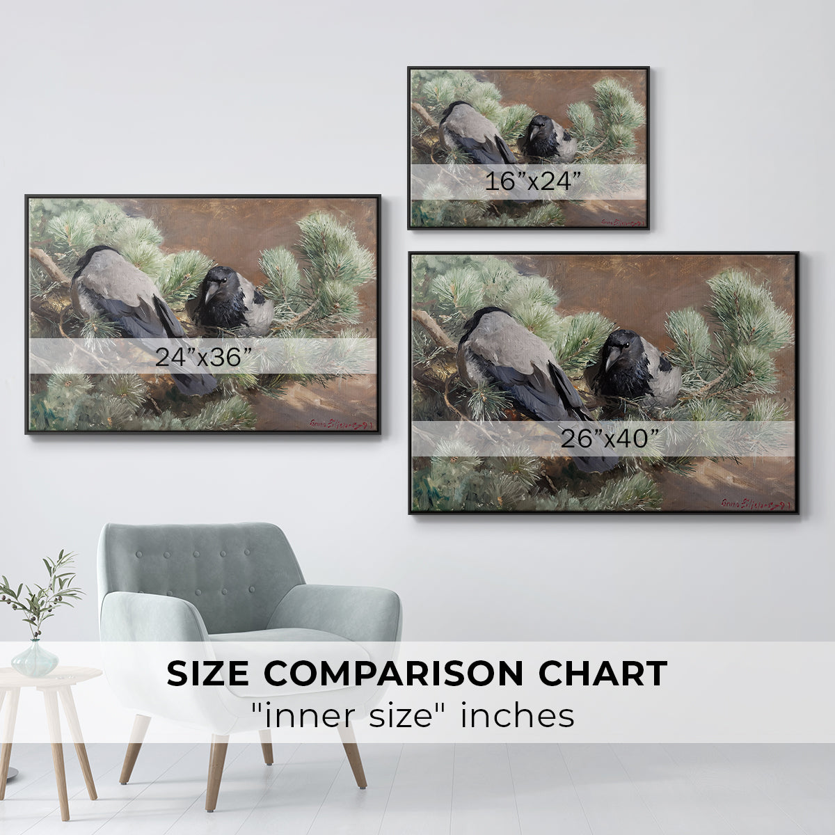 Size comparison chart for black floater framed canvas featuring Hooded Crows (Kråkor), 1891 by Bruno Liljefors.