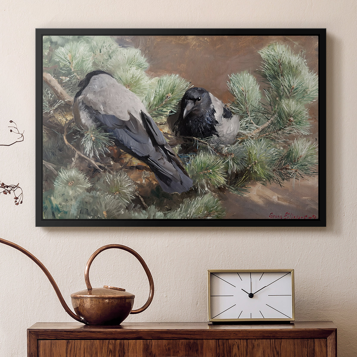 Black floater framed canvas featuring a realistic scene of crows interacting on grassy terrain, displayed above a cabinet in a soft-toned living room.
