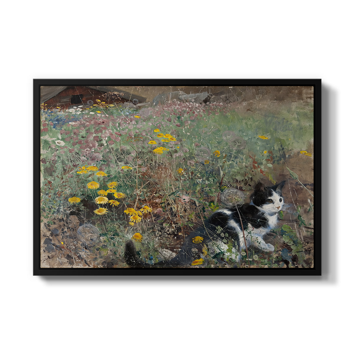 Cat on a Flowery Meadow, 1887 by Bruno Liljefors in a black floater framed canvas wall art display.