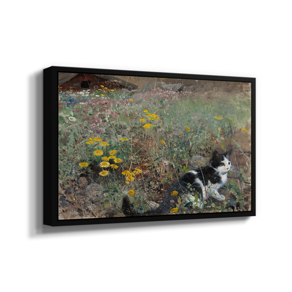 Angled view of Cat on a Flowery Meadow, 1887 by Bruno Liljefors in a black floater framed canvas.