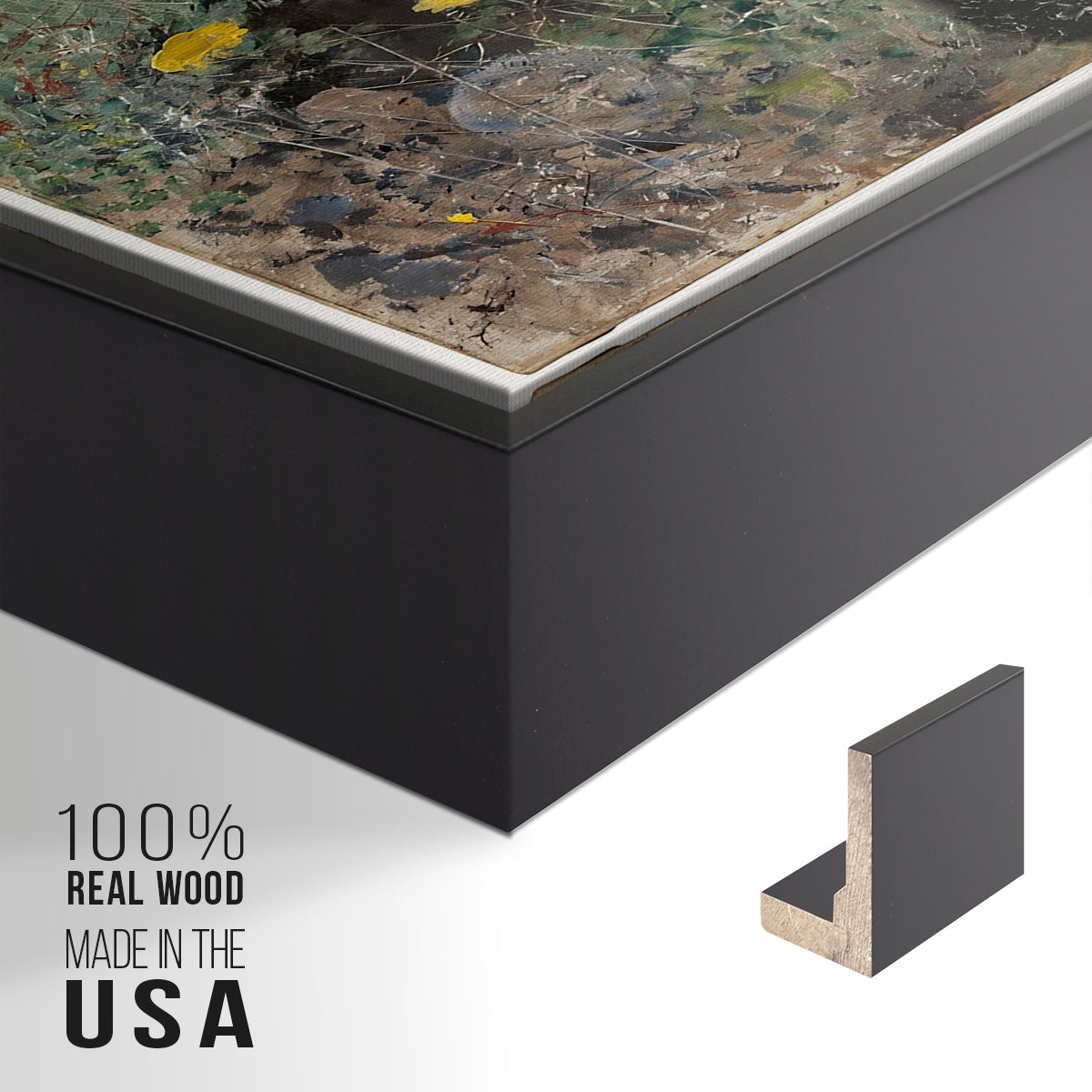 Close-up of the black floater frame corner and gallery wrapped canvas construction.