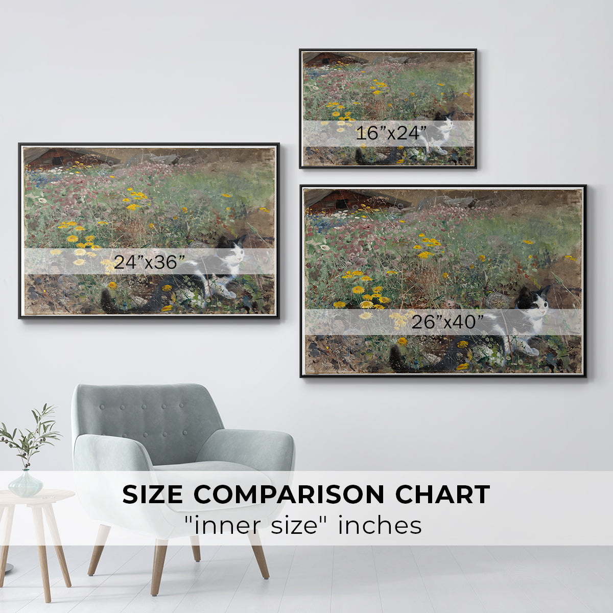 Size comparison chart for black floater framed canvas featuring Cat on a Flowery Meadow, 1887 by Bruno Liljefors.