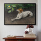 Black floater framed canvas featuring Portrait of a Dog, 1891 by Bruno Liljefors above an entryway table in a minimalist foyer.