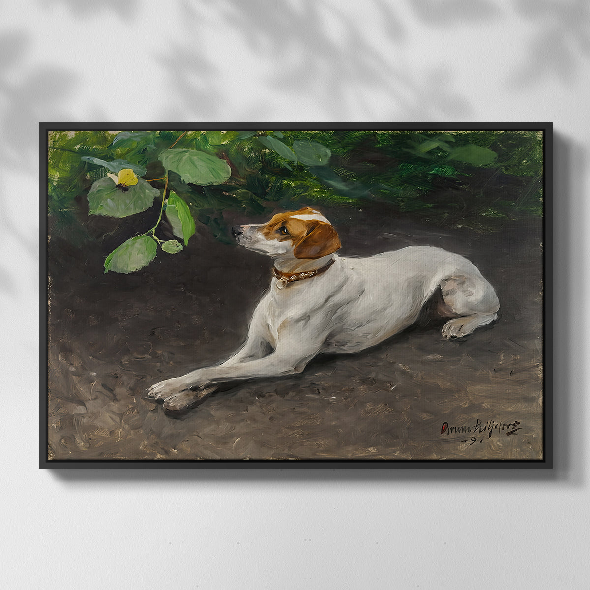 Front view of Portrait of a Dog, 1891 by Bruno Liljefors in a black floater framed canvas.