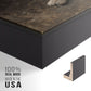 Close-up of the black floater frame corner and gallery wrapped canvas construction.