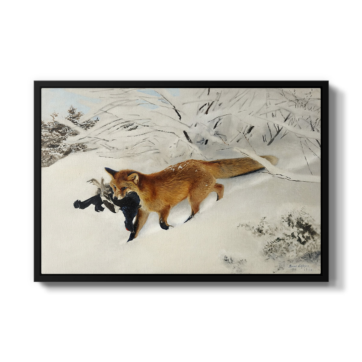 Fox in Snow Landscape, 1900 by Bruno Liljefors in a black floater framed canvas wall art display.