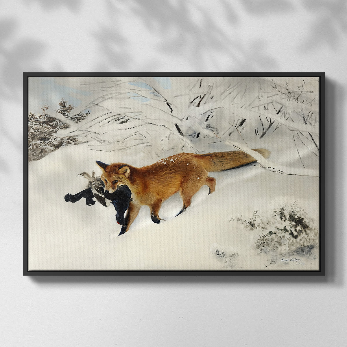 Front view of Fox in Snow Landscape, 1900 by Bruno Liljefors in a black floater framed canvas.