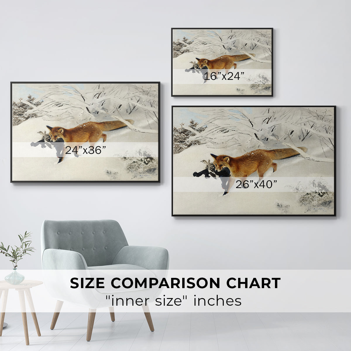 Size comparison chart for black floater framed canvas featuring Fox in Snow Landscape, 1900 by Bruno Liljefors.