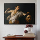 Black floater framed canvas featuring David with the Head of Goliath (Vienna Version), c. 1607 by Caravaggio above an entryway table in a minimalist foyer.