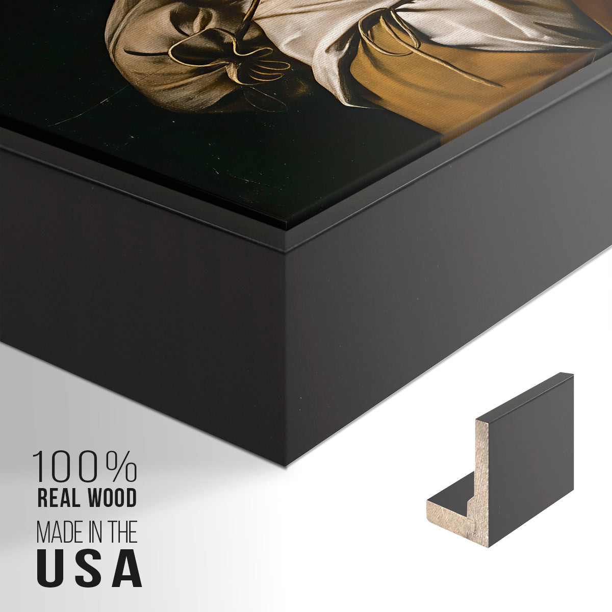 Close-up of the black floater frame corner and gallery wrapped canvas construction.