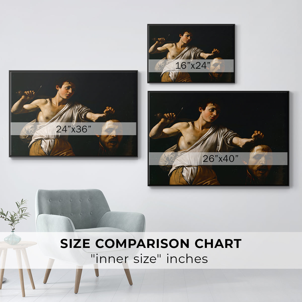 Size comparison chart for black floater framed canvas featuring David with the Head of Goliath (Vienna Version), c. 1607 by Caravaggio.