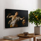 David with the Head of Goliath (Vienna Version), c. 1607 by Caravaggio, presented in a black floater framed canvas featuring a young David holding the severed head of Goliath against a dark background, displayed above a hallway console table.