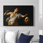 David with the Head of Goliath (Vienna Version), c. 1607 by Caravaggio displayed above a sofa in a living room in a black floater frame, featuring a biblical scene of David gripping Goliath's head with dramatic lighting.