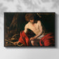 Front view of Saint John the Baptist in the Wilderness, c. 1603-1604 by Caravaggio in a black floater framed canvas.
