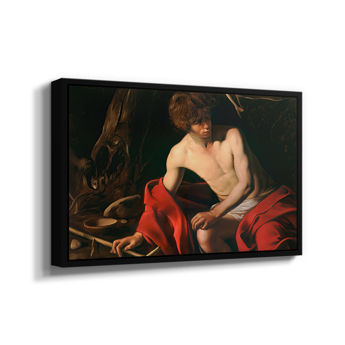 Angled view of Saint John the Baptist in the Wilderness, c. 1603-1604 by Caravaggio in a black floater framed canvas.
