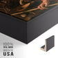 Close-up of the black floater frame corner and gallery wrapped canvas construction.