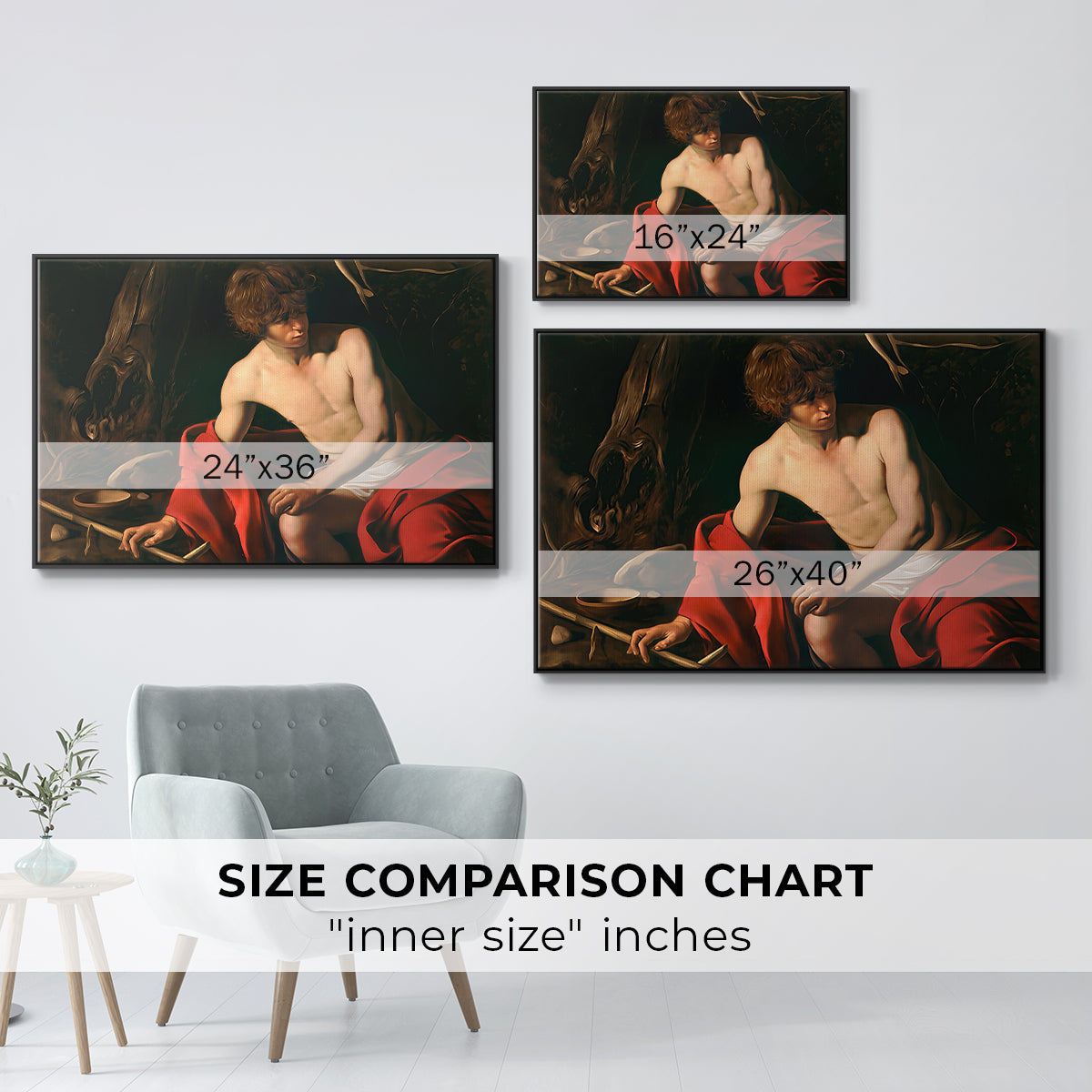 Size comparison chart for black floater framed canvas featuring Saint John the Baptist in the Wilderness, c. 1603-1604 by Caravaggio.
