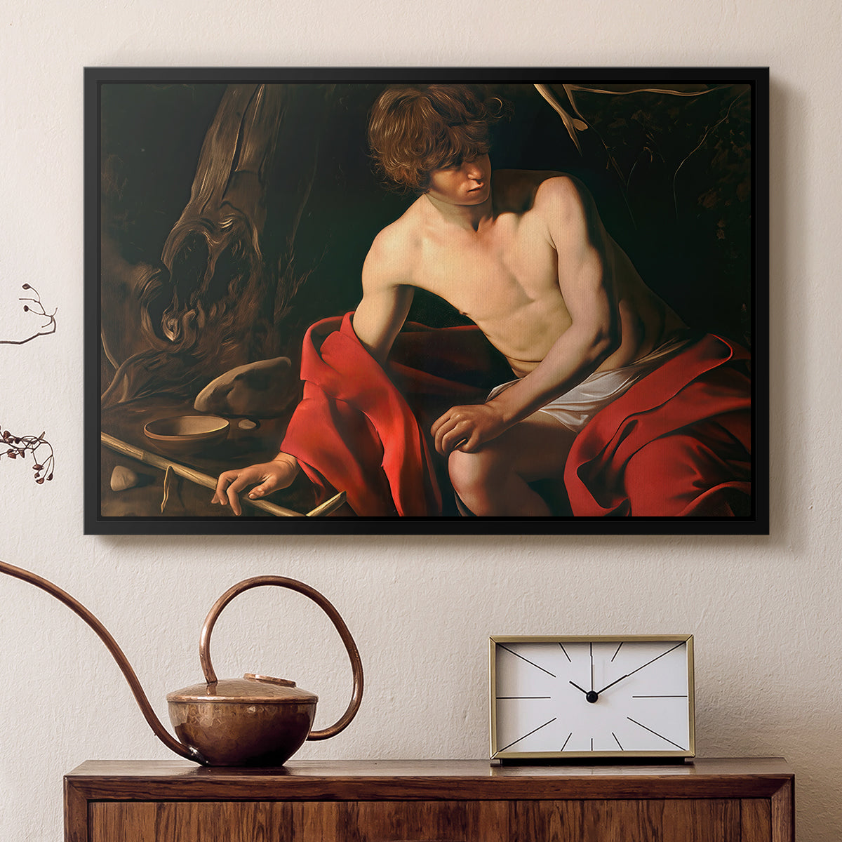 Black floater framed canvas featuring a biblical youth seated outdoors with symbolic staff and minimal landscape, displayed above a cabinet in a soft-toned living room.