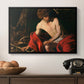 Saint John the Baptist in the Wilderness, c. 1603-1604 by Caravaggio in a black floater framed canvas displayed above a console table in a hallway, featuring a contemplative religious figure in rustic wilderness environment.