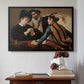 Black floater framed canvas featuring The Cardsharps, c. 1594 by Caravaggio above an entryway table in a minimalist foyer.