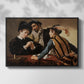 Front view of The Cardsharps, c. 1594 by Caravaggio in a black floater framed canvas.