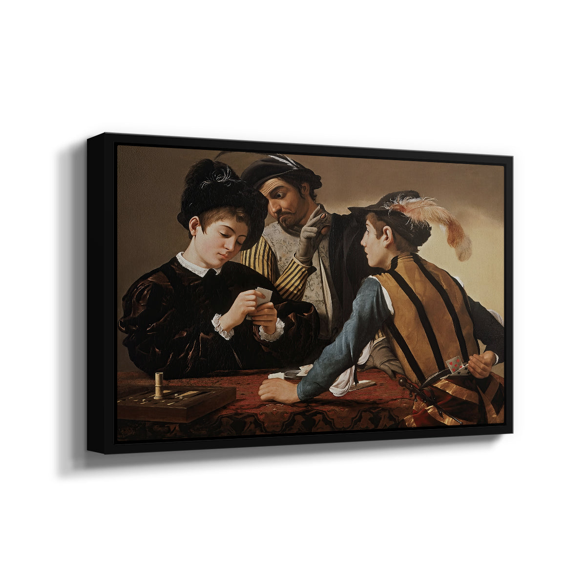 Angled view of The Cardsharps, c. 1594 by Caravaggio in a black floater framed canvas.