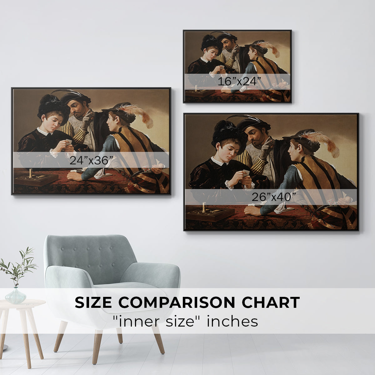 Size comparison chart for black floater framed canvas featuring The Cardsharps, c. 1594 by Caravaggio.