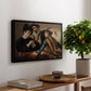 The Cardsharps, c. 1594 by Caravaggio, presented in a black floater framed canvas featuring two men cheating at cards while a third figure secretly observes behind them, displayed above a hallway console table.